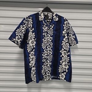 Royal Creations Hawaiian Shirt Blue White Floral 100% Cotton Men’s XL